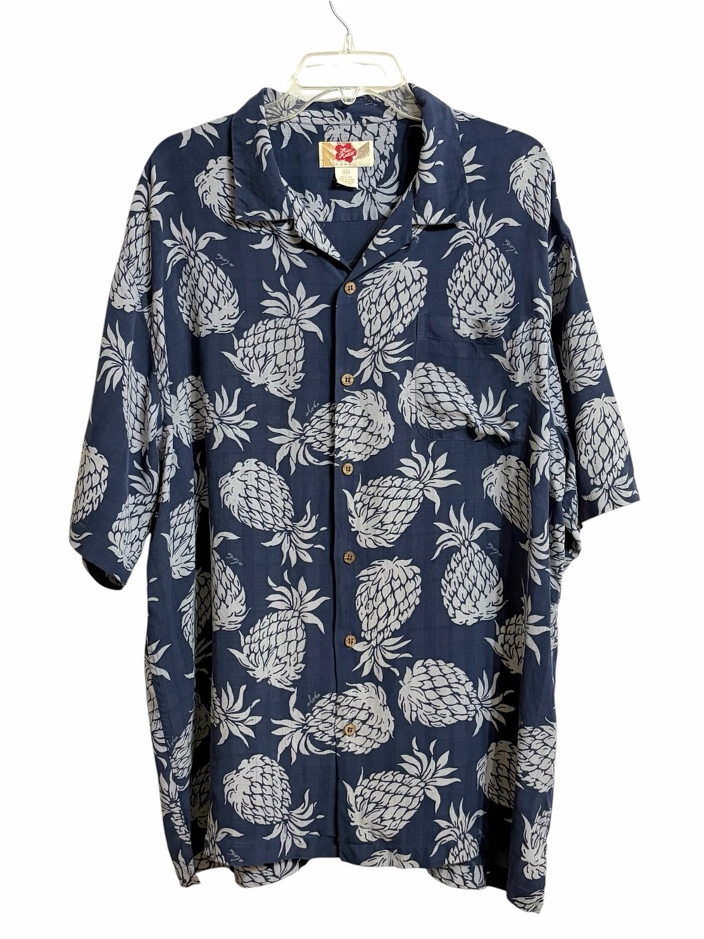 Hilo Hattie Silk Pineapple Hawaiian Aloha Shirt Mens XXL Blue Vacation Tropical